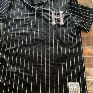 HUF Black Pinstripe Baseball Jersey with Embroidered H